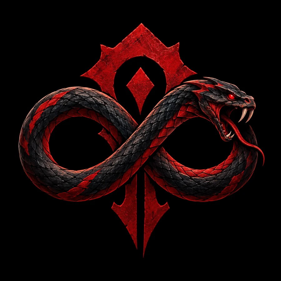 Snakes Eternal crest: a black and red serpent coiled in an infinity loop